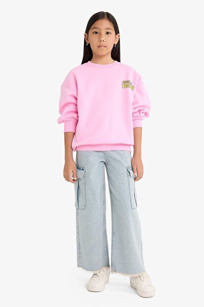 DeFacto Kız Çocuk Oversize Geniş Kalıp Bisiklet Yaka Sırt Baskılı İçi Yumuşak Tüylü Sweatshirt E6781A825WN