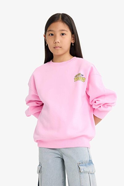 DeFacto Kız Çocuk Oversize Geniş Kalıp Bisiklet Yaka Sırt Baskılı İçi Yumuşak Tüylü Sweatshirt E6781A825WN