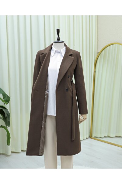 Modamorfo Single Button Pocketed Belted Lined Cashmere Coat - Brown