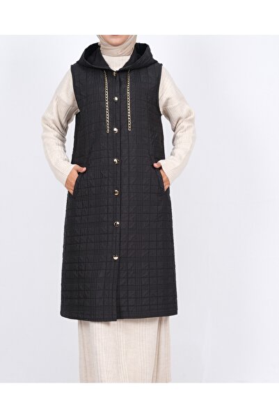 Modamorfo Hooded Chain Detailed Quilted Vest with Pockets -Black