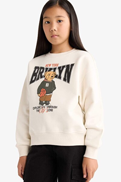 DeFacto Kız Çocuk Relax Fit Bisiklet Yaka Baskılı İçi Yumuşak Tüylü Sweatshirt E6780A825WN