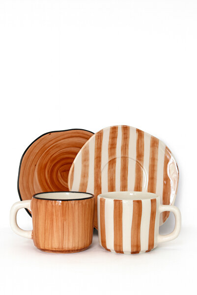 Hausette 2-Piece Thick Line Patterned Seamik Turkish Coffee Set, Mug, Turkish Coffee Cup, Cup, Mug