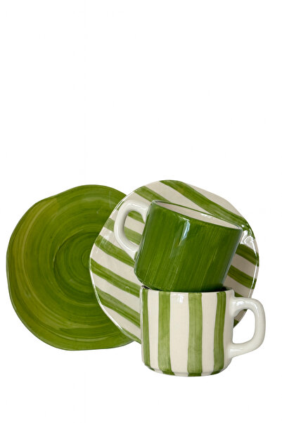 Hausette 2-Piece Thick Line Patterned Seamik Turkish Coffee Set, Mug, Turkish Coffee Cup, Cup, Mug