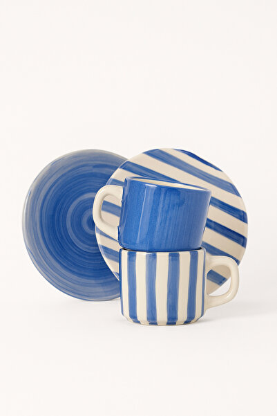 Hausette 2-Piece Thick Line Patterned Seamik Turkish Coffee Set, Mug, Turkish Coffee Cup, Cup, Mug