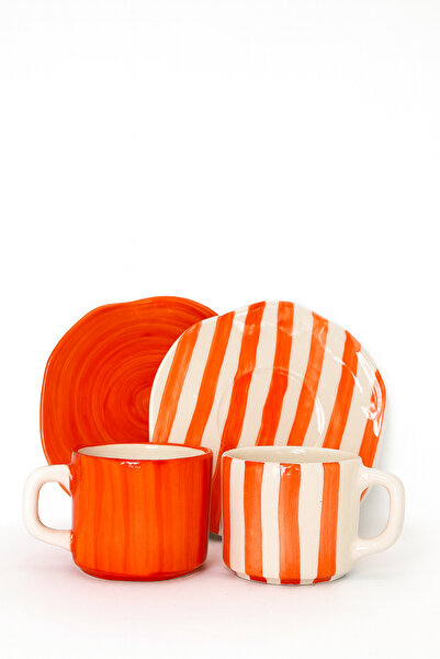 Hausette 2-Piece Thick Line Patterned Seamik Turkish Coffee Set, Mug, Turkish Coffee Cup, Cup, Mug