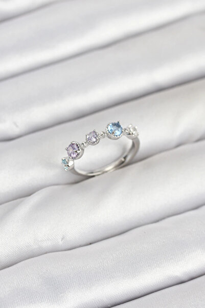 Belle Fusion خاتم نسائي من الزركون الملون بلون فضي نحاسي من BFS