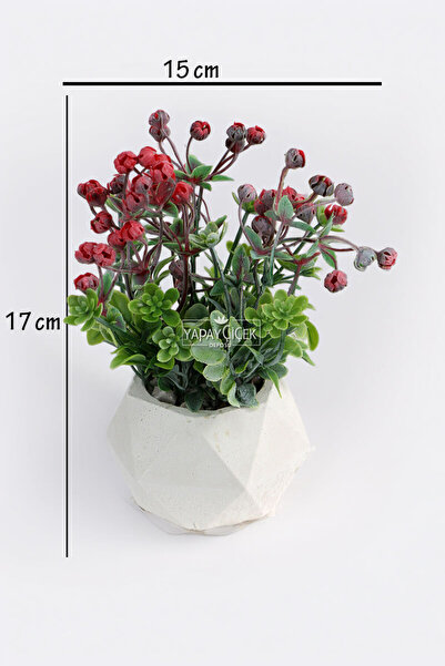 Yapay Çiçek Deposu Beton Saksıda Pudralı Mini Yapay Çiçekli ve Cipsolu Yeni Yıl Masa Çiçeği 22 cm