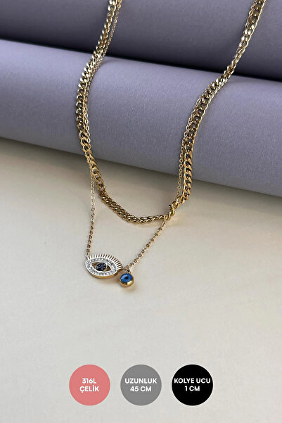Genel Markalar Gold Çift Zincir Nazar Boncuklu Ve Zirkon Göz Detay Çelik Koly...