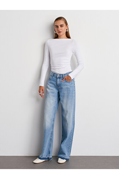 Dilvin 72052 100% Cotton Hemmed Mid-Waist Denim Trousers-Blue