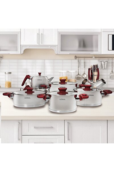 Güral Porselen طقم أواني طهي فولاذية مكون من 16 قطعة - أحمر