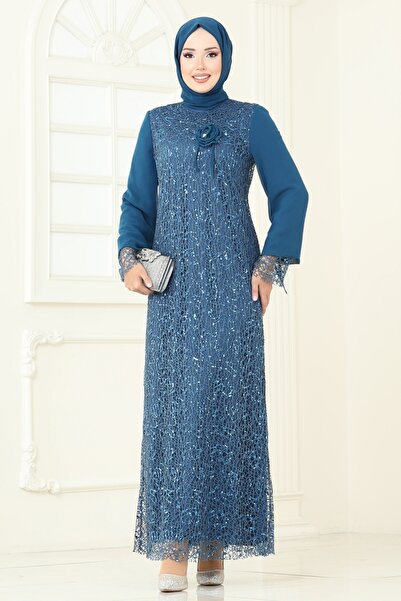 ModaMerve Broşlu Tesettür Abiye Elbise 2517ELC1143-MS Petrol