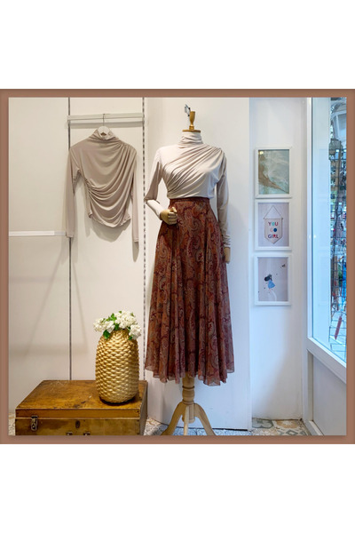 Faya Boutique Şal Desenli Kiremit Şifon Etek