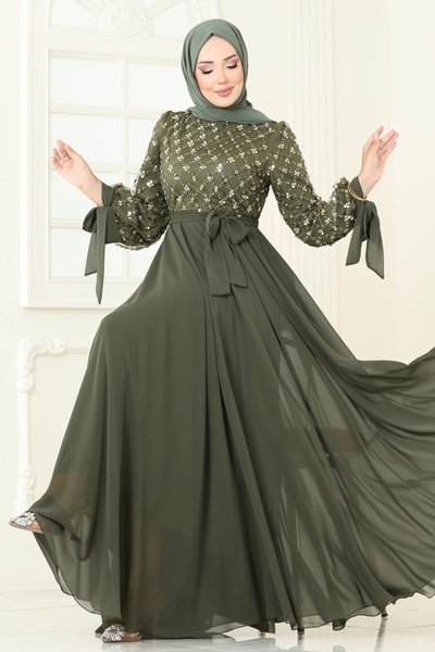 ModaMerve Boncuk Detaylı Şifon Abiye 2814ELC1143-MS Haki