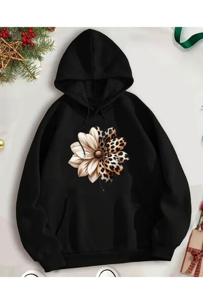 herkesemoda Суитшърт с качулка, подплатен с флис, с леопардов принт и флоралн...