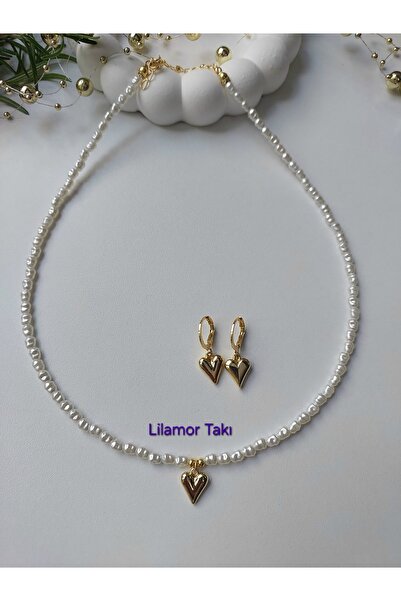 Lilamor Heart Earrings and Heart Pearl Necklace Set