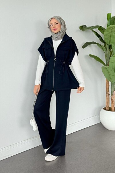 Şulemoda Giyim Retro Scuba Yelekli Takım Lacivert