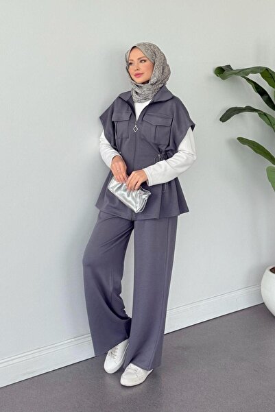 Şulemoda Giyim Retro Scuba Yelekli Takım Füme