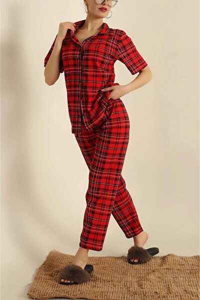 Le Savu Ekose Desenli Kısa Kollu Düğmeli Pijama Takımı