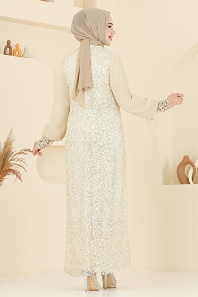 ModaMerve Broşlu Tesettür Abiye Elbise 2517ELC1143-MS Sarı