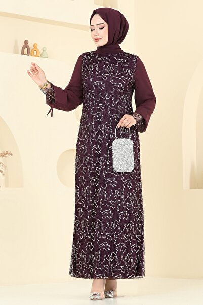 ModaMerve Broşlu Tesettür Abiye Elbise 2517ELC1143-MS Mürdüm