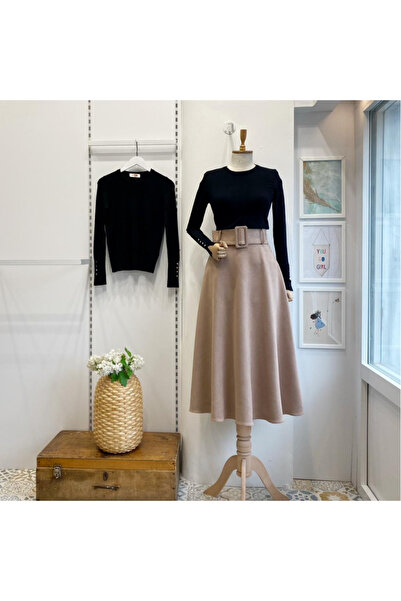Faya Boutique Bej Geniş Kemerli Süet Etek