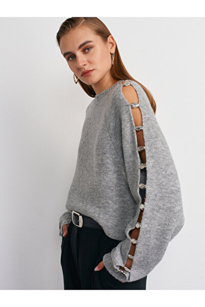 Dilvin 10810 Crew Neck Accessory Detailed Knitwear Sweater-Grey