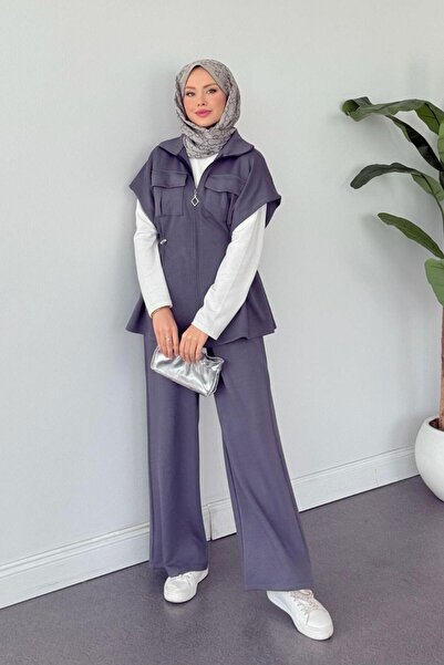 Şulemoda Giyim Retro Scuba Yelekli Takım Füme