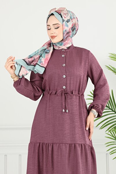 ModaMerve Yarım Düğmeli Elbise 024MR1078-MS Koyu Gül Kurusu