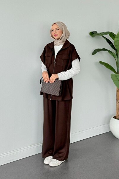 Şulemoda Giyim Retro Scuba Yelekli Takım Kahverengi