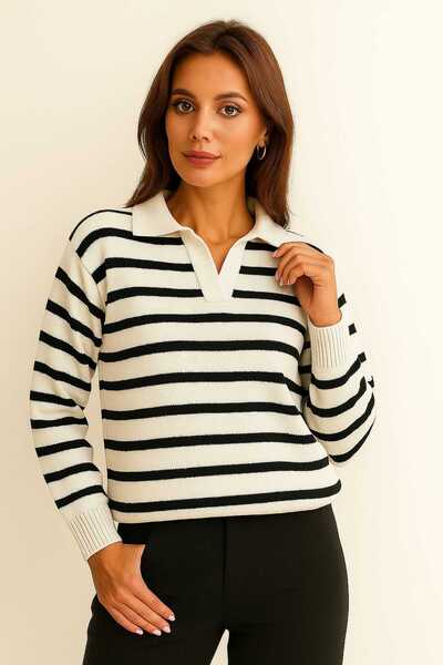 citystyle Pulover tricotat cu dungi, cu guler polo, pentru femei, alb/negru