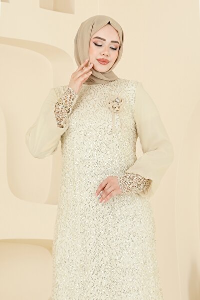 ModaMerve Broşlu Tesettür Abiye Elbise 2517ELC1143-MS Sarı