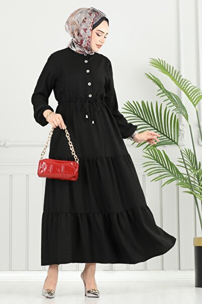 ModaMerve Yarım Düğmeli Elbise 024MR1078-MS Siyah