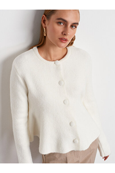 Dilvin 60985 Yumuşak Dokulu Peplum Düğmeli Triko Hırka-Ekru