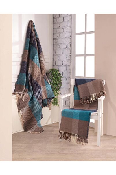 Bayev Turquoise Brown Scottish Double Cotton Blanket 200 X 220