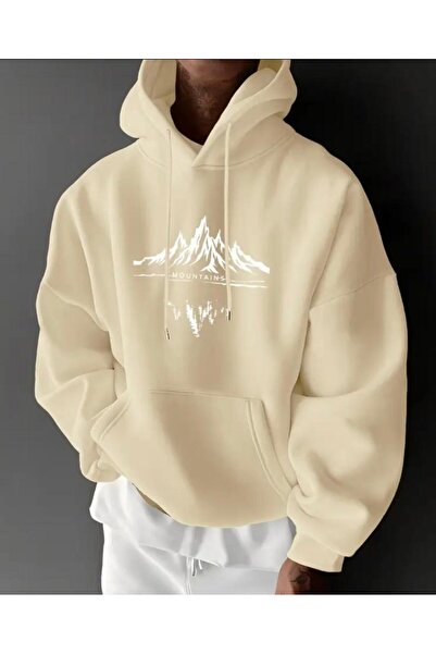herkesemoda Φούτερ με κουκούλα με λεπτομέρεια εκτύπωσης Mountains και φλις εσωτερικά