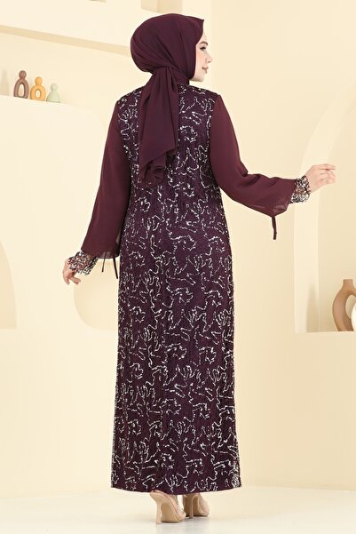 ModaMerve Broşlu Tesettür Abiye Elbise 2517ELC1143-MS Mürdüm