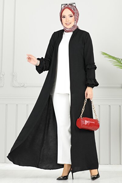 ModaMerve Gizli Fermuarlı Pardesü Ferace 1205DLB1088-MS Siyah