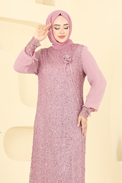 ModaMerve Broşlu Tesettür Abiye Elbise 2517ELC1143-MS Açık Gül Kurusu