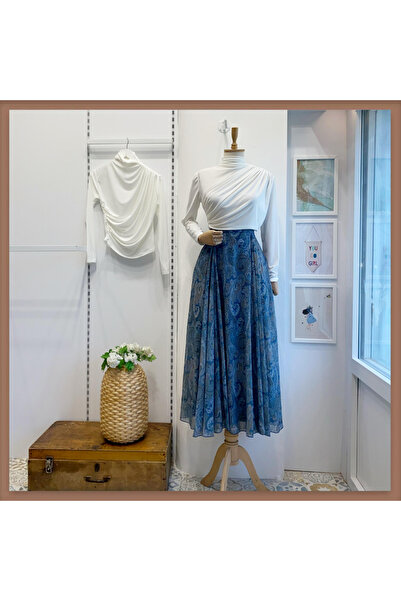 Faya Boutique Şal Desenli Açık Mavi Şifon Etek