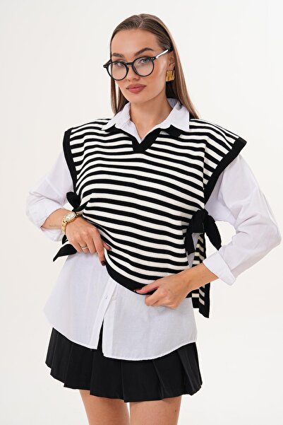 ŞİMAL Kadın Çizgi Desenli Yakalı Yanları Bağlama Detaylı Triko Örme Süveter 255194 -