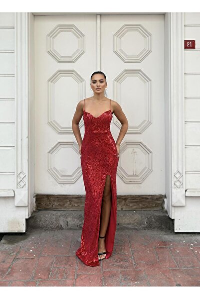 SELİN MODA EVİ Trend Yırtmaçlı Kadife Pulpayet Elbise Kırmızı 583293