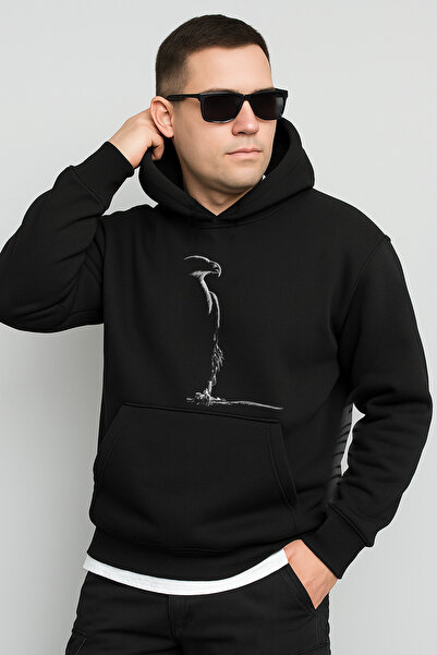 ZENG Sweatshirt Kara kartal Siyah Beyaz Baskılı Siyah Kapüşonlu Regular Pamuk...