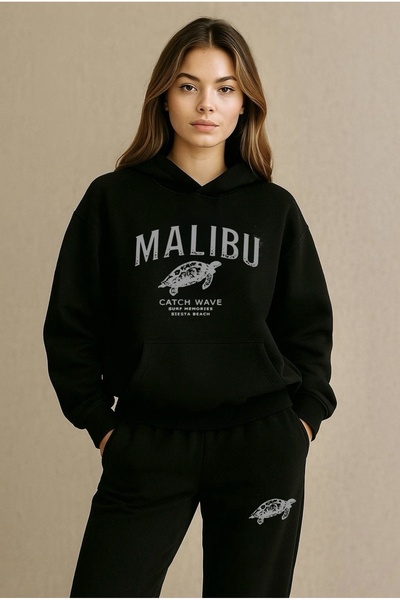 FUFLUNS Set de trening oversize cu glugă pentru femei/bărbați cu imprimeu MALIBU