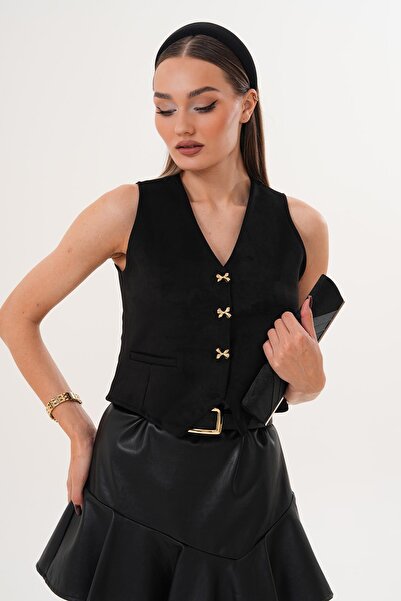 ŞİMAL Kadın Desenli Düğmeli Süet Yelek 255379 -