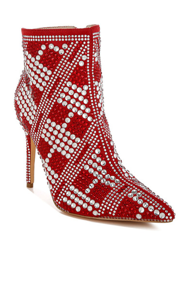 london Rag Women Rhinestones Studded Stiletto Heel Boots in Red
