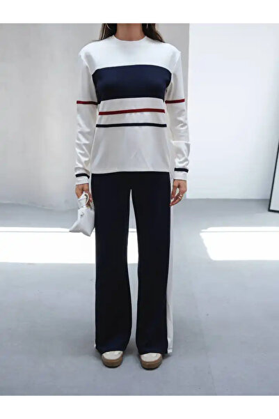 cemo Kadın Çizgili Pamuklu Sweat Pantolon Rahat Takım