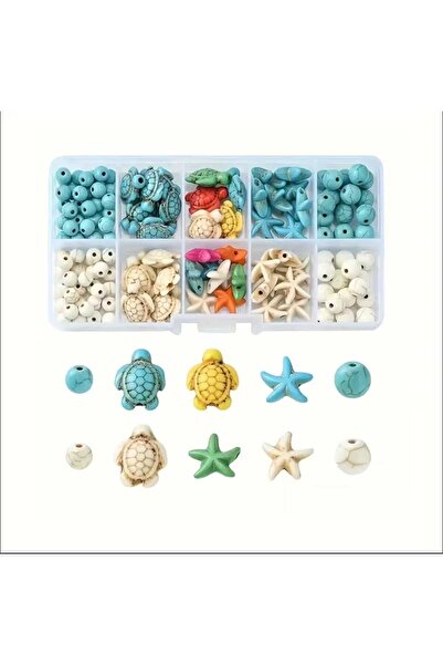 yiğit aksesuar 60 Adet Kutulu Turkuaz taş boncuk Deniz yıldızı kaplumbağa ve yuvarlak sıkma doğal taş boncuk seti