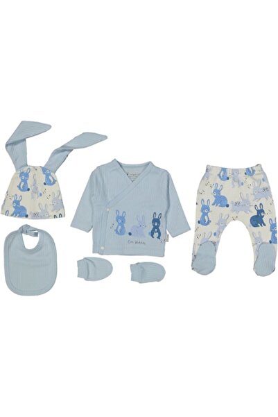 Miniworld Compleu bebeluși băieți, 5 piese, bumbac, iepurasi, vârstă 0-3 luni, 62 cm, albastru