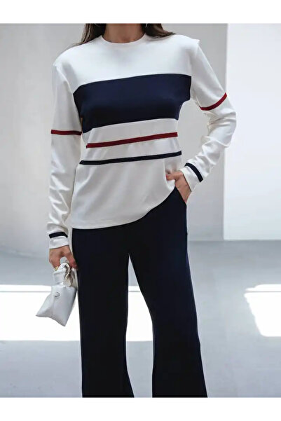 cemo Kadın Çizgili Pamuklu Sweat Pantolon Rahat Takım