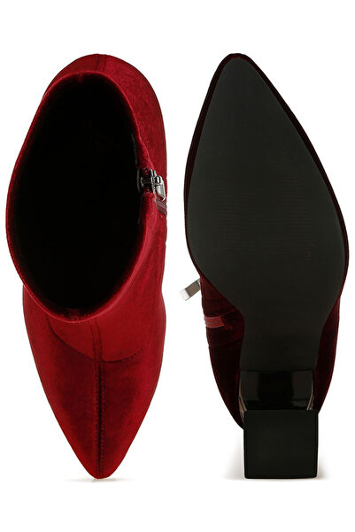 london Rag Women Flared Block Heel Velvet Boots in Burgundy